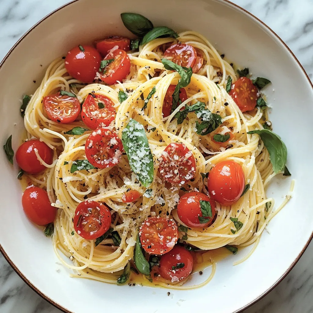 A bowl of pasta with tomatoes and basil.