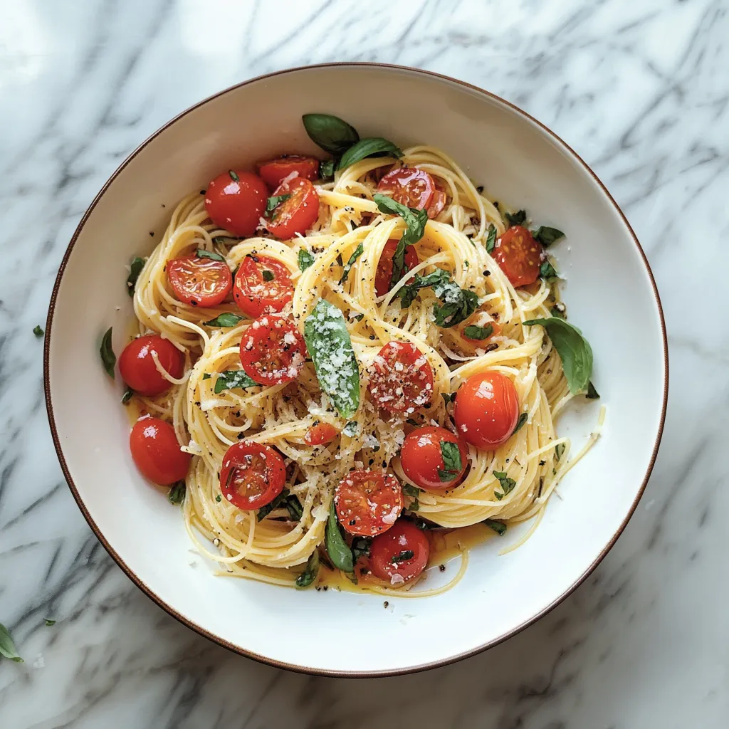A bowl of pasta with tomatoes and basil.