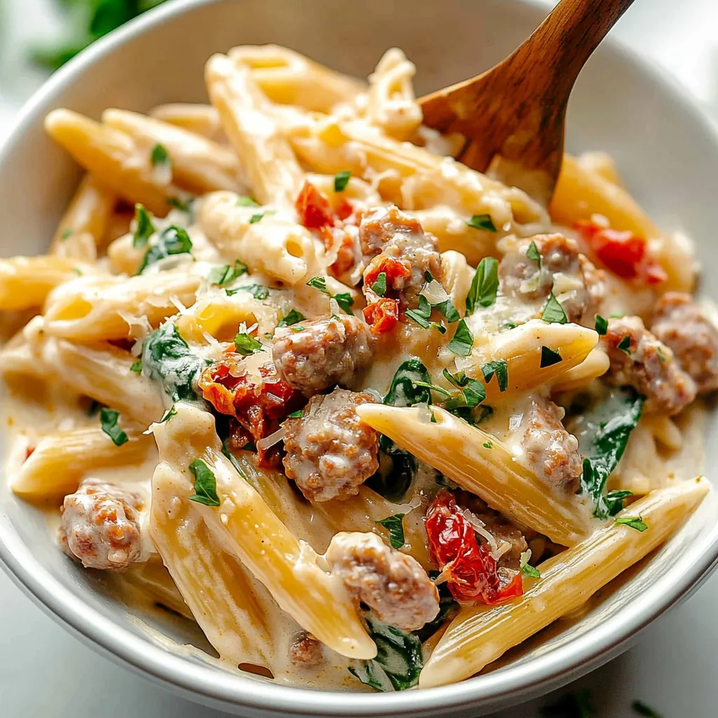 A bowl of pasta with meat and vegetables.