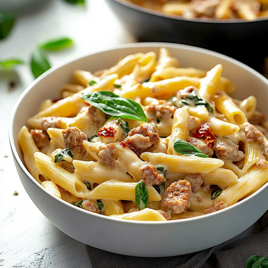 A bowl of pasta with meat and vegetables.