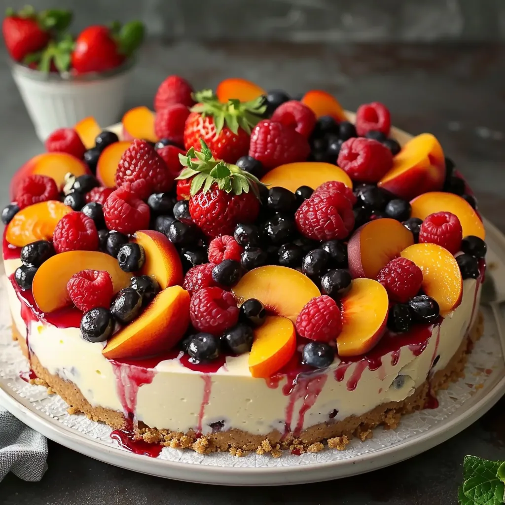 A slice of cake with strawberries and blueberries on top.