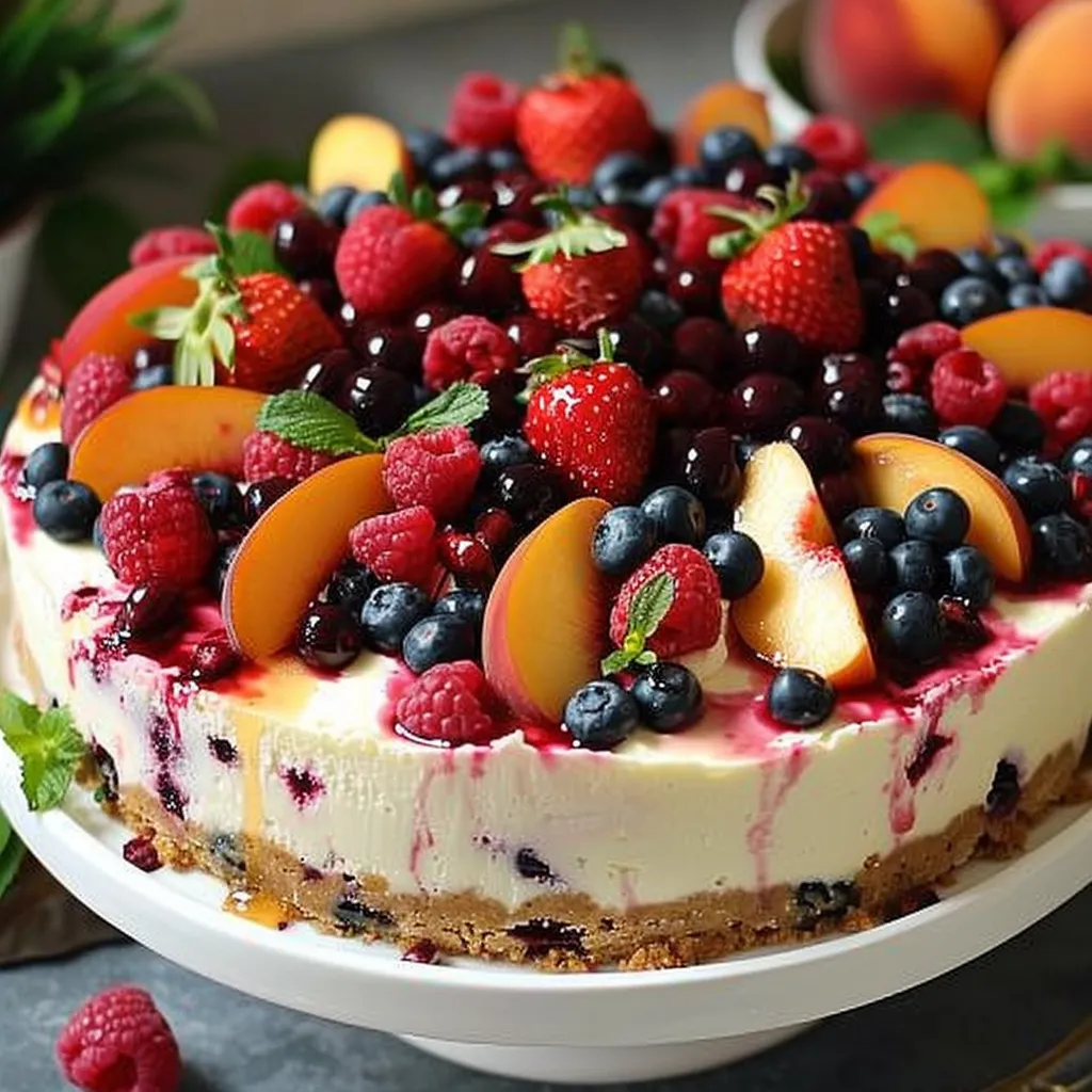 A slice of cake with berries and peaches on top.