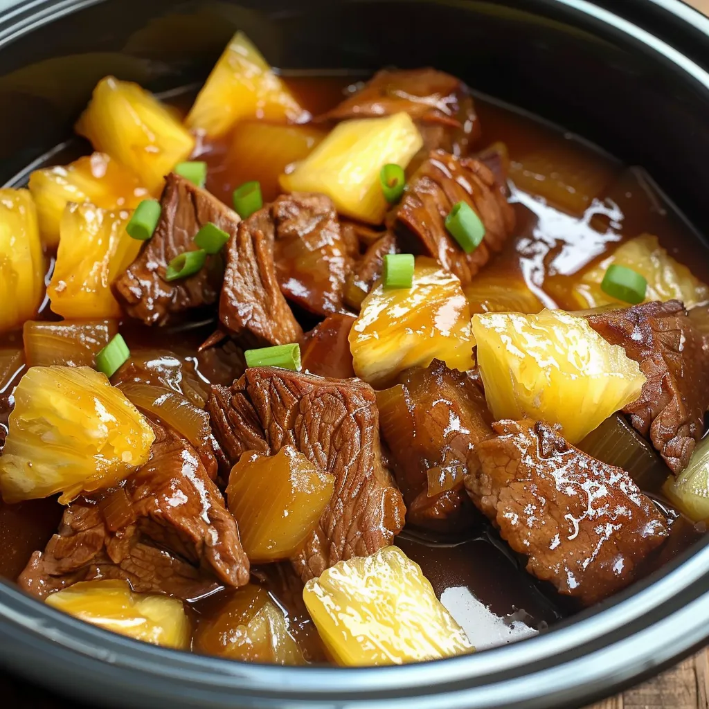 A bowl of beef and pineapple.