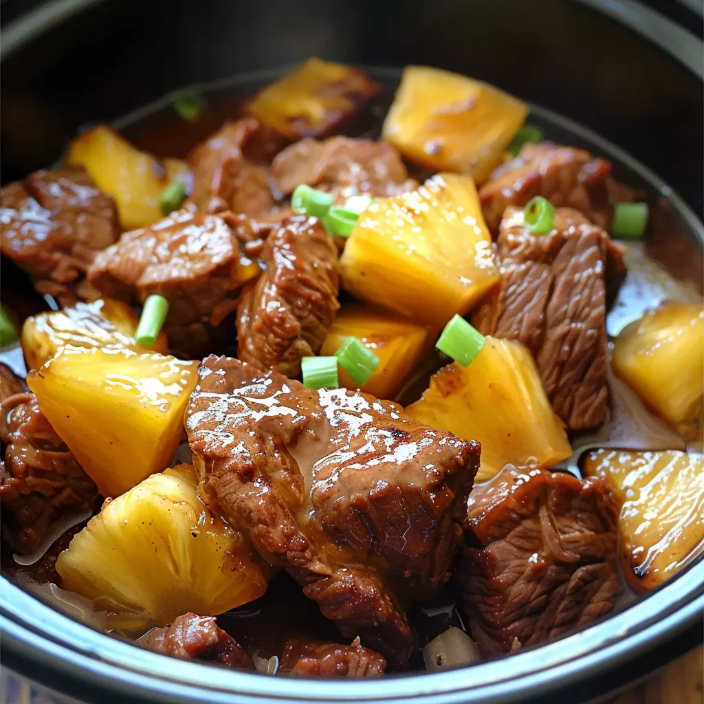 A bowl of meat and pineapple.
