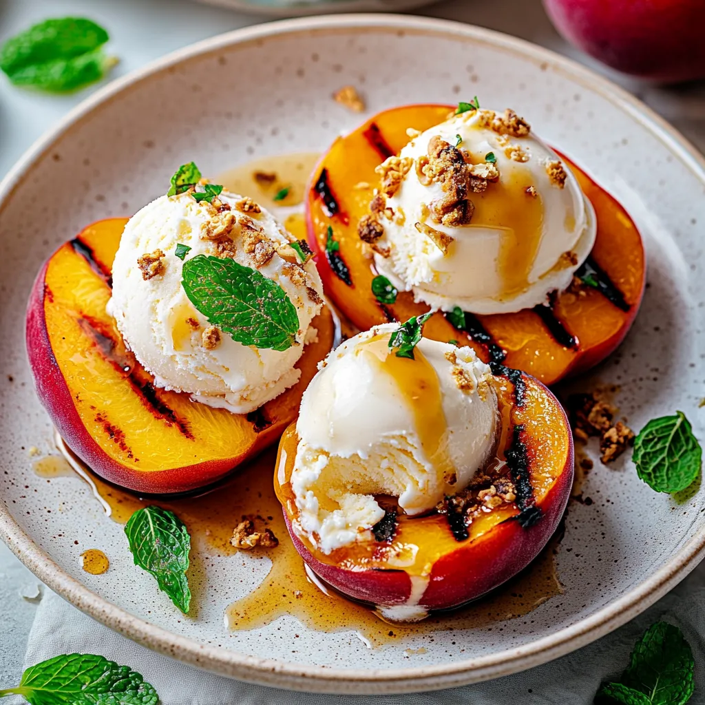 A plate of peaches with ice cream on top.