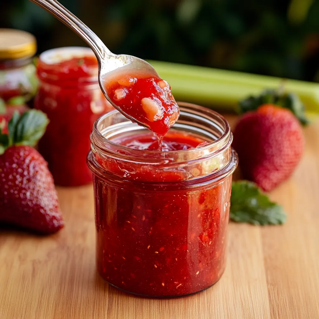 A spoon is in a jar of jam.