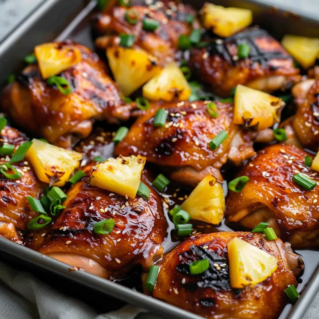 A pan of chicken with pineapple and green onions.