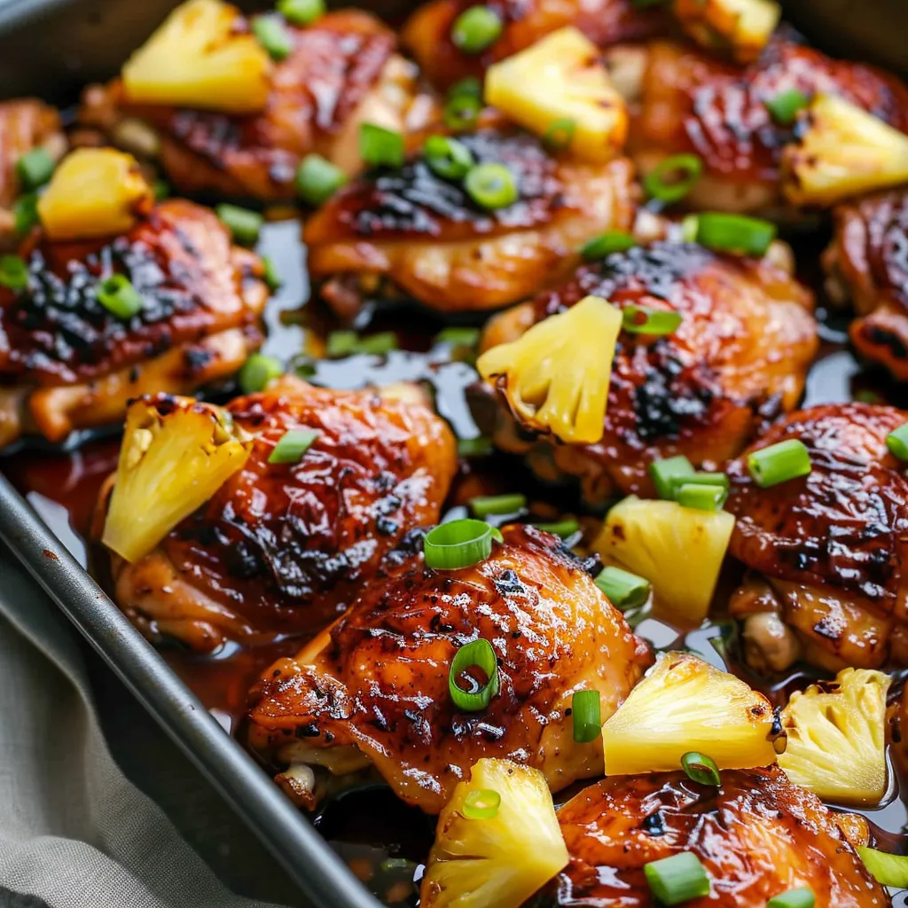 A pan of chicken with pineapple and green onions.