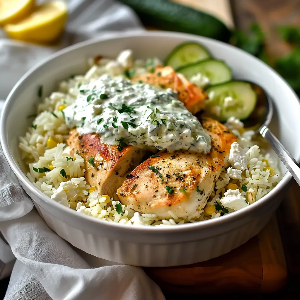 A bowl of rice with chicken and vegetables.