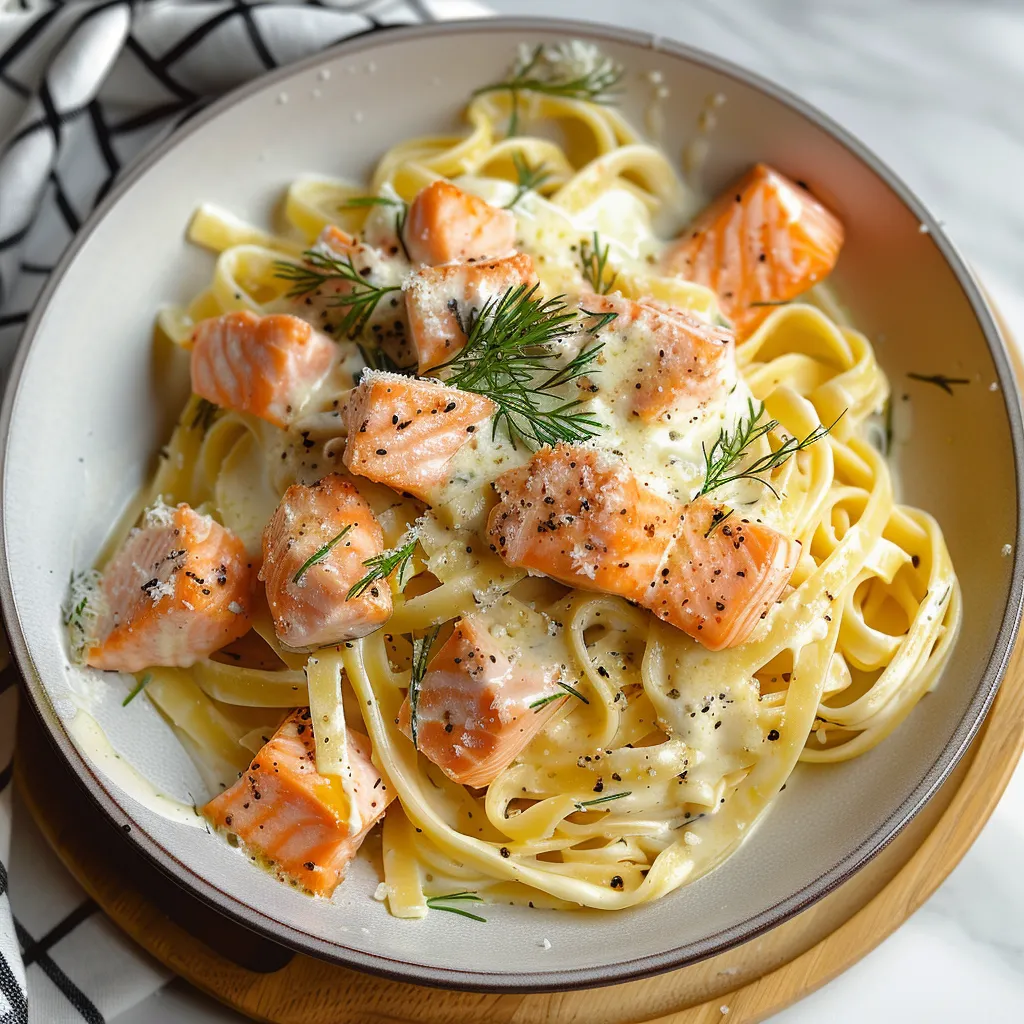 A plate of food with salmon and pasta.