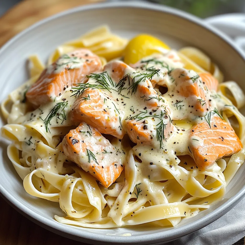 A bowl of pasta with salmon and lemon.
