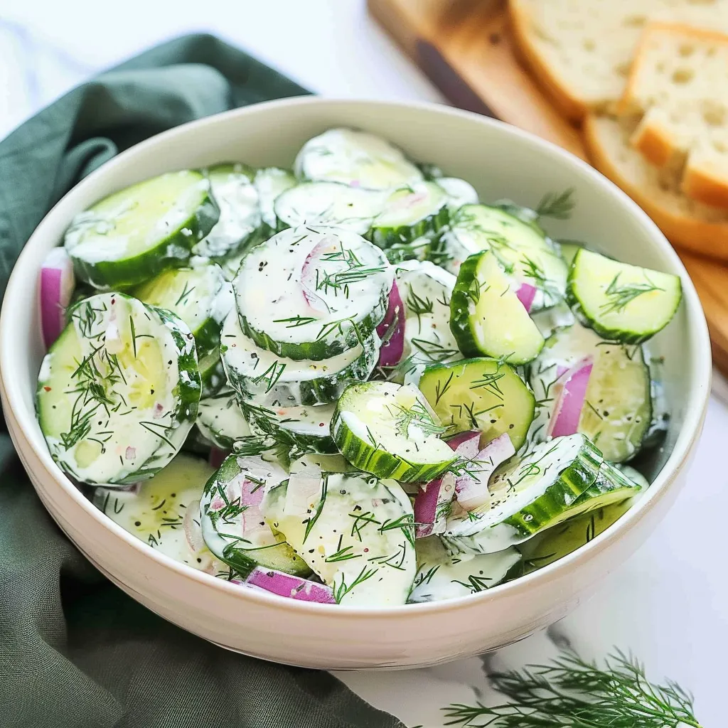 A bowl of cucumbers with onions.