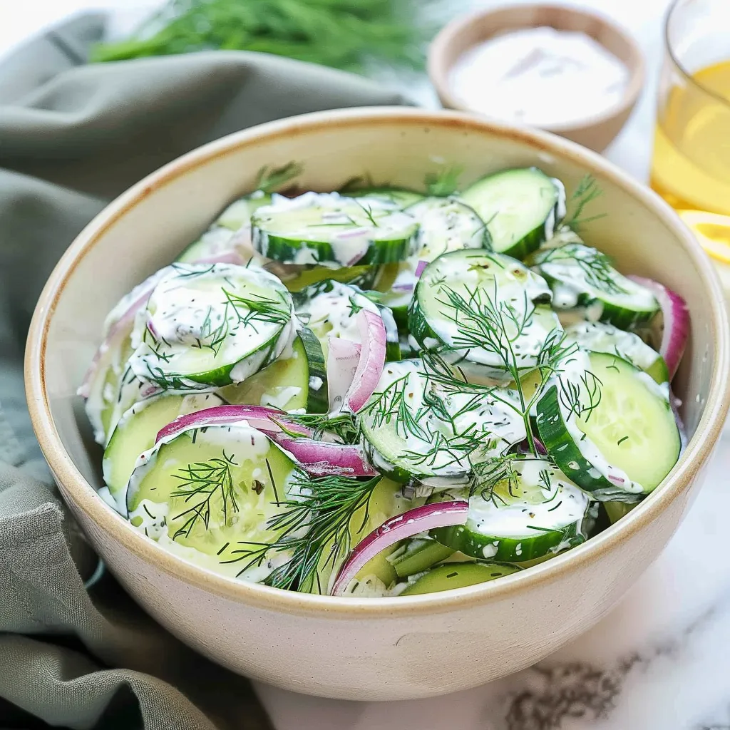 A bowl of cucumbers with a green herb on top.