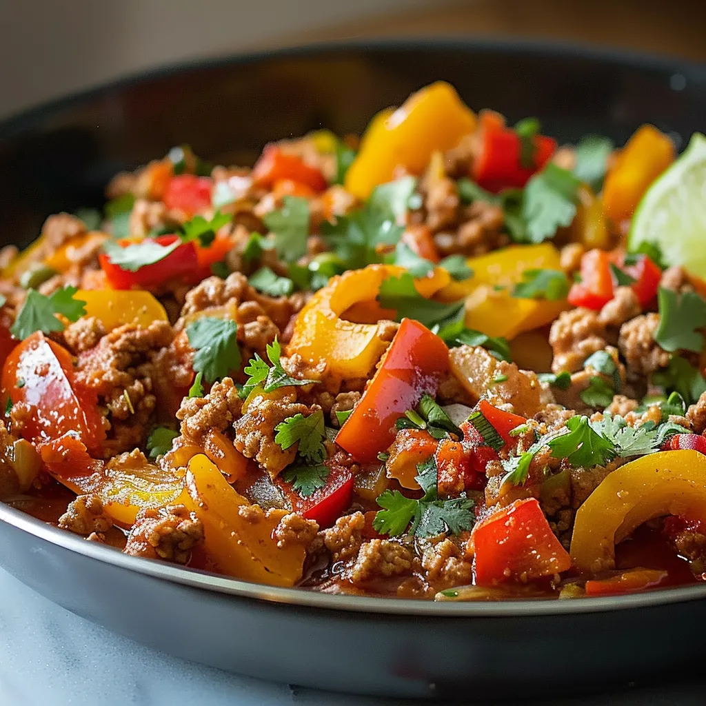 A bowl of food with peppers and meat.