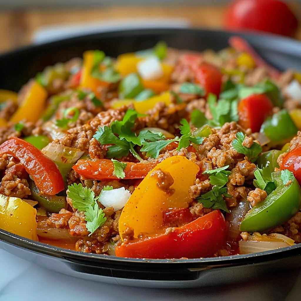 A bowl of food with peppers and onions.