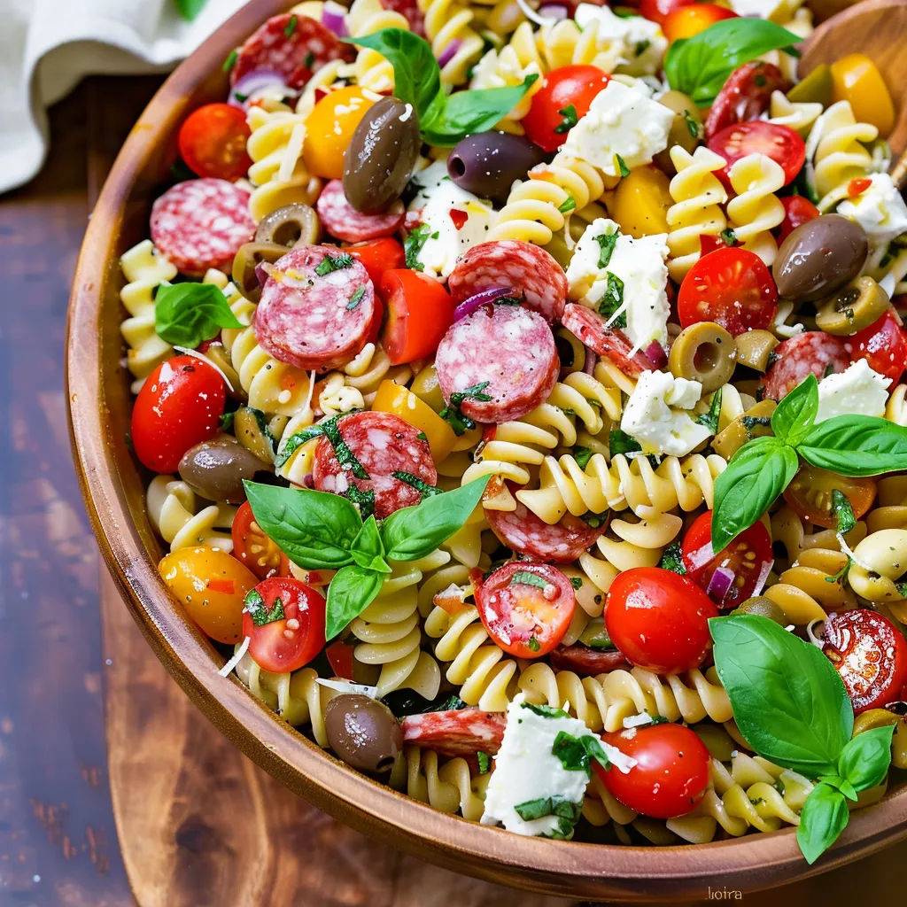A bowl of pasta with tomatoes, olives, and cheese.