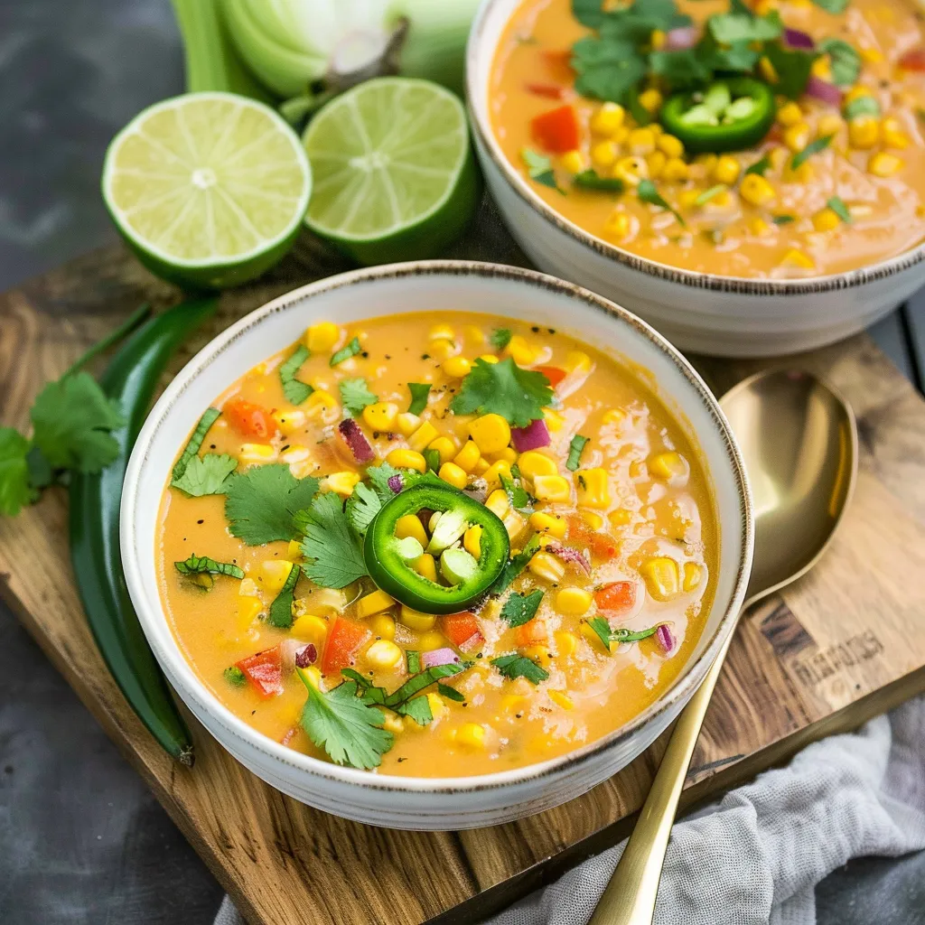 Two bowls of soup with limes and corn.