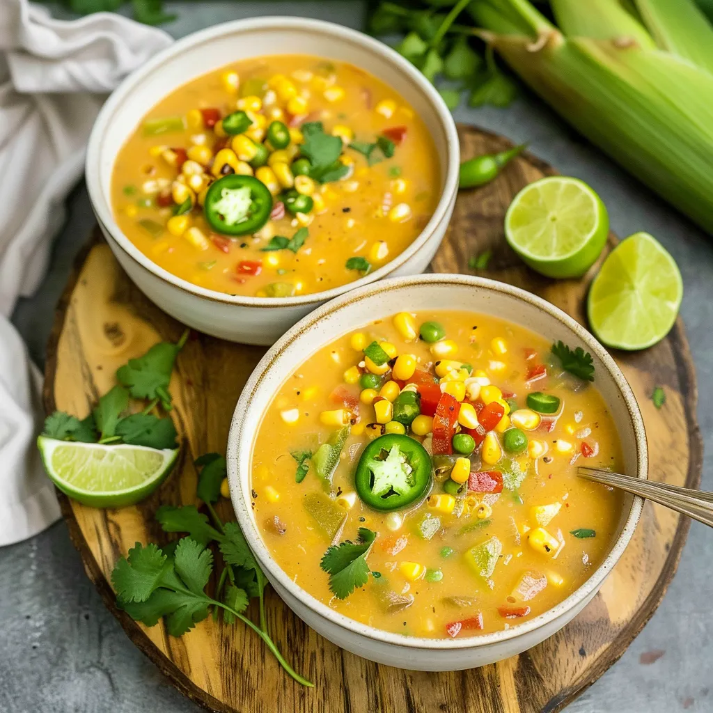 Two bowls of soup with corn and peppers.
