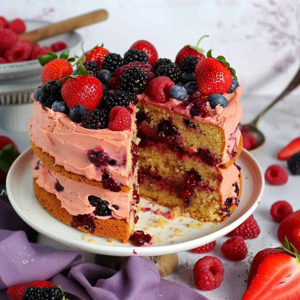A slice of cake with berries on top.