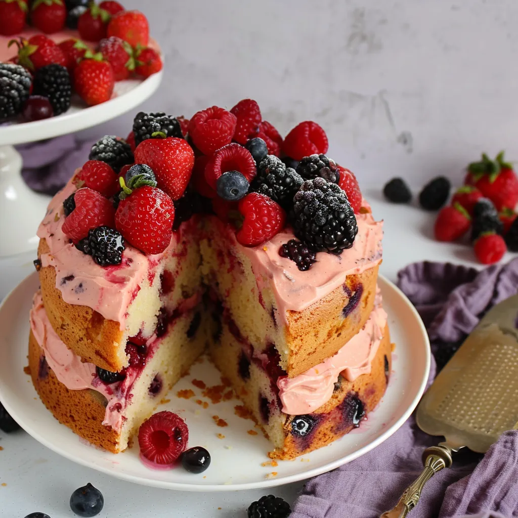A slice of cake with berries on top.