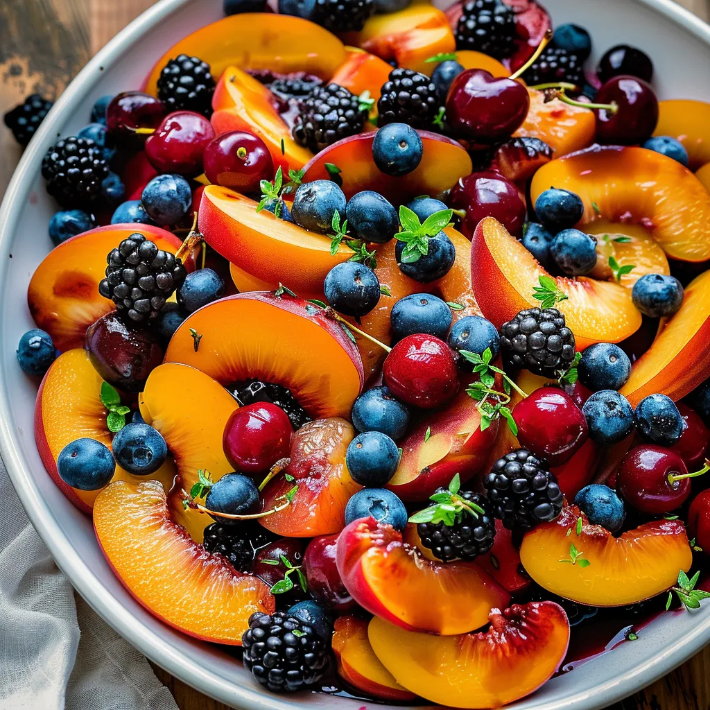 A bowl of fruit with blueberries, peaches, and blackberries.