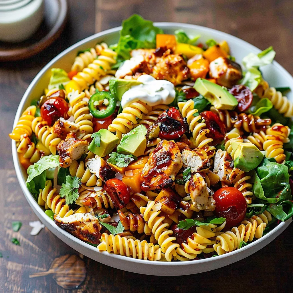 A bowl of pasta salad with chicken, tomatoes, and avocado.