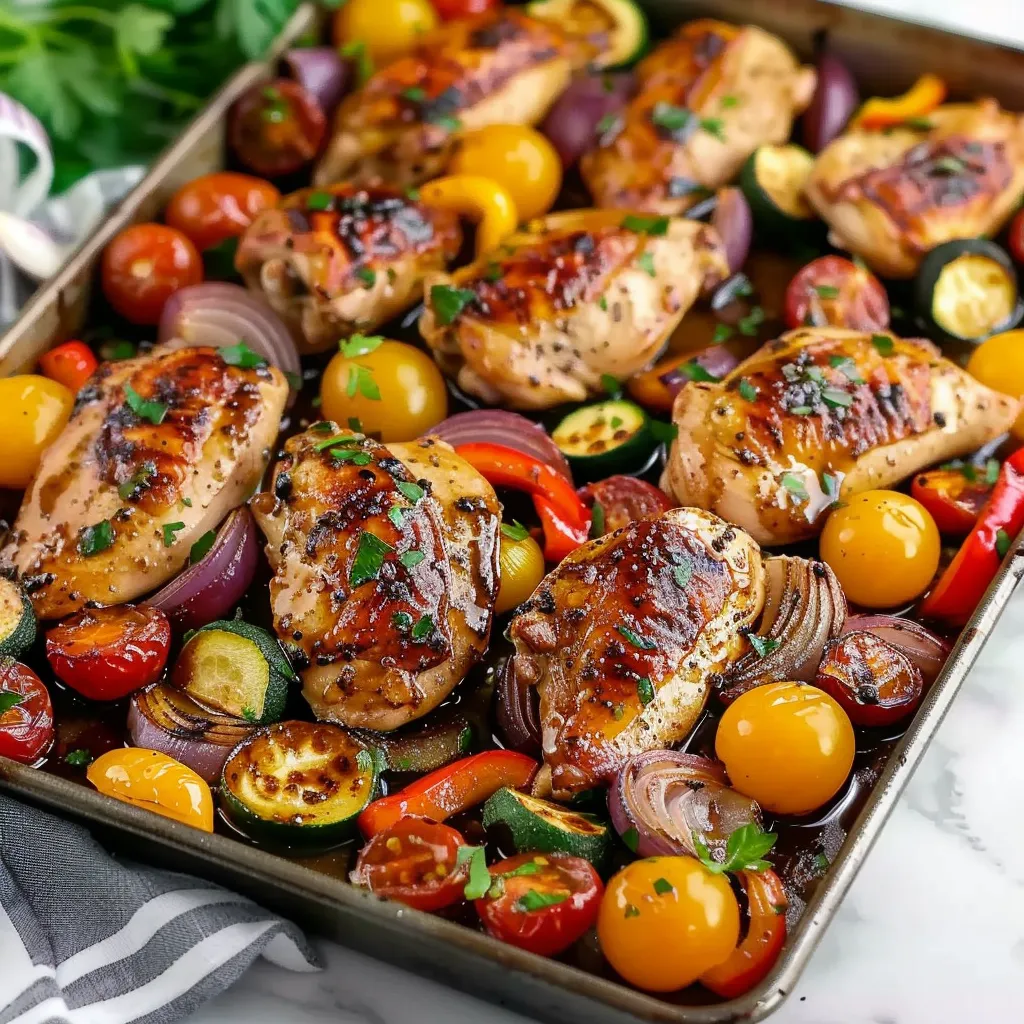 A pan of chicken and vegetables.