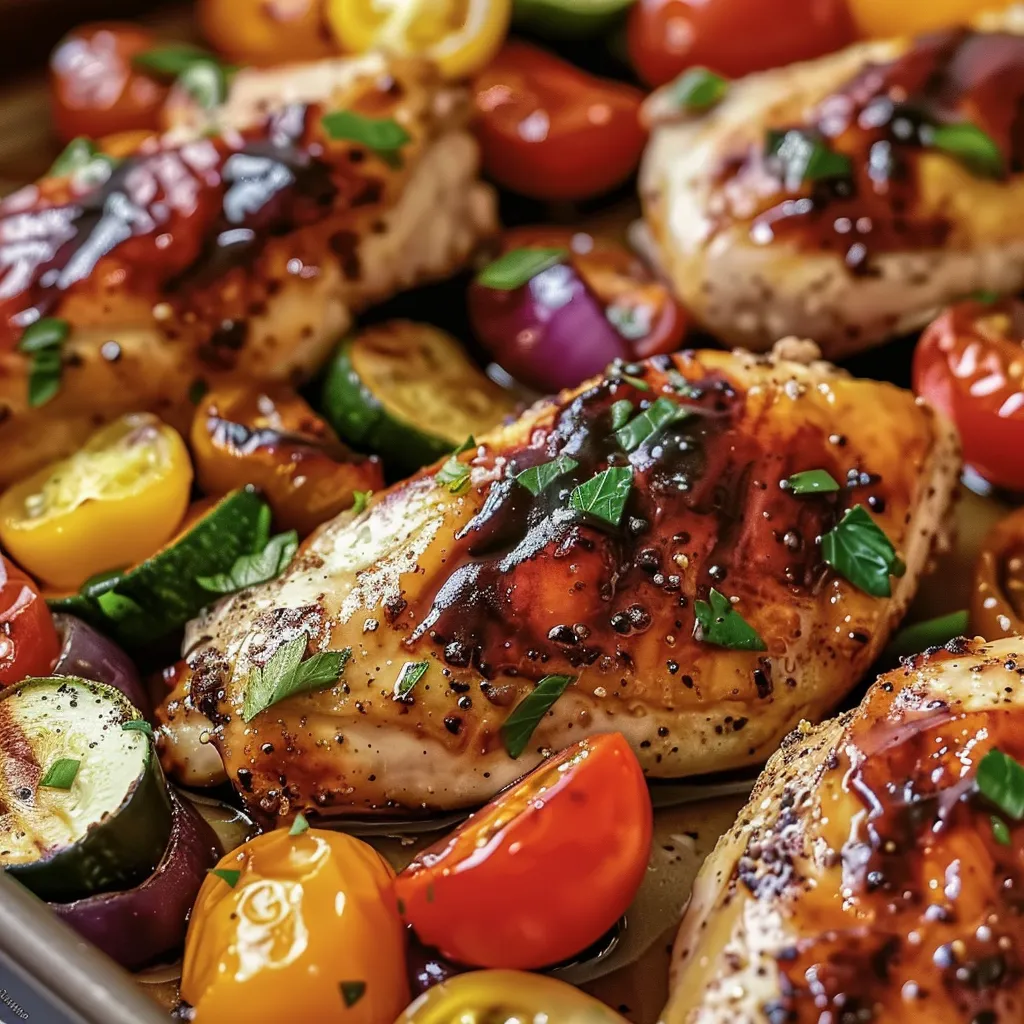 A pan of chicken with tomatoes and peppers.