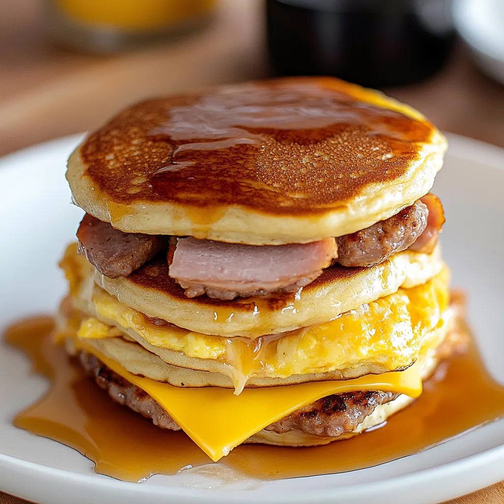 A stack of pancakes with syrup and bacon.