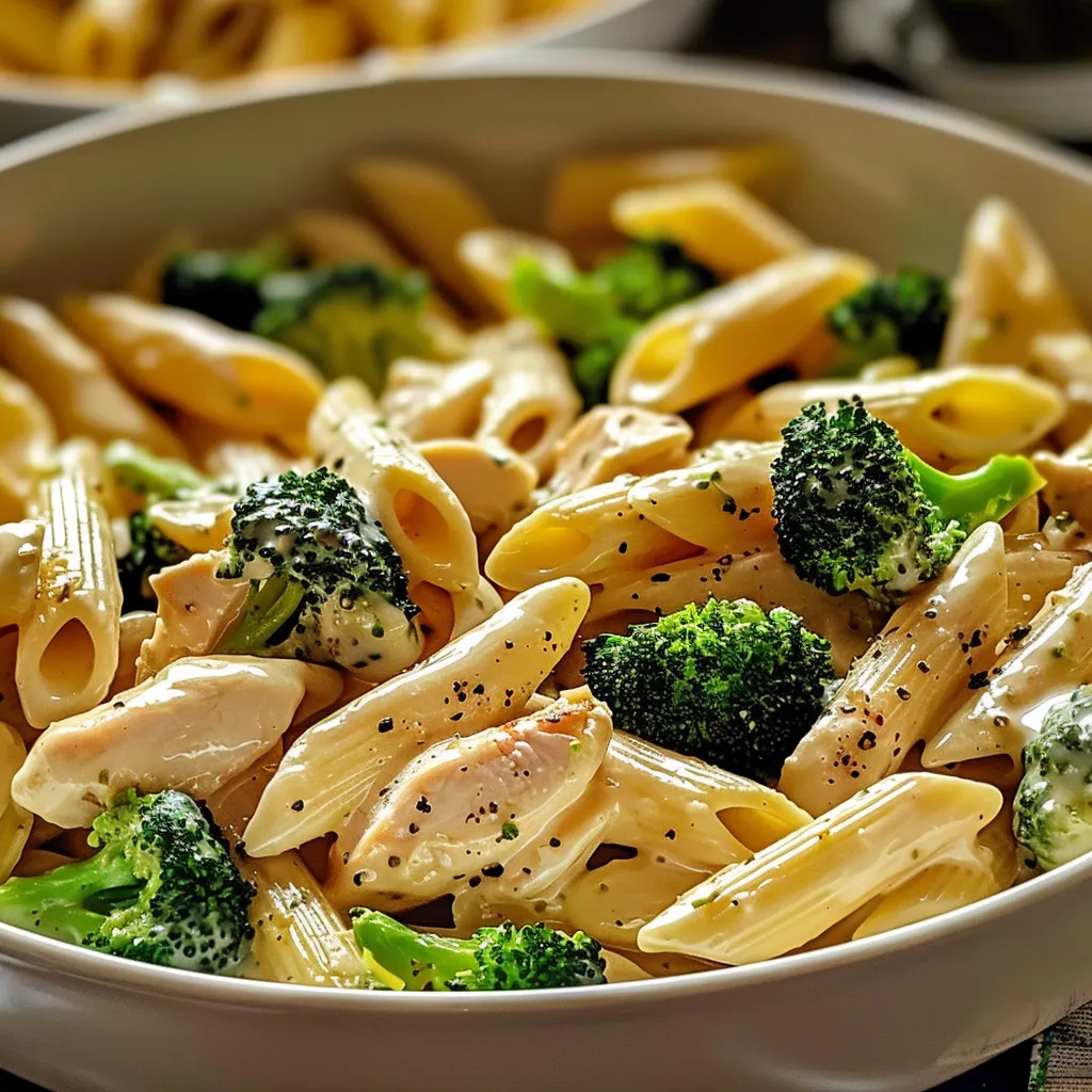 A bowl of pasta with broccoli and chicken.