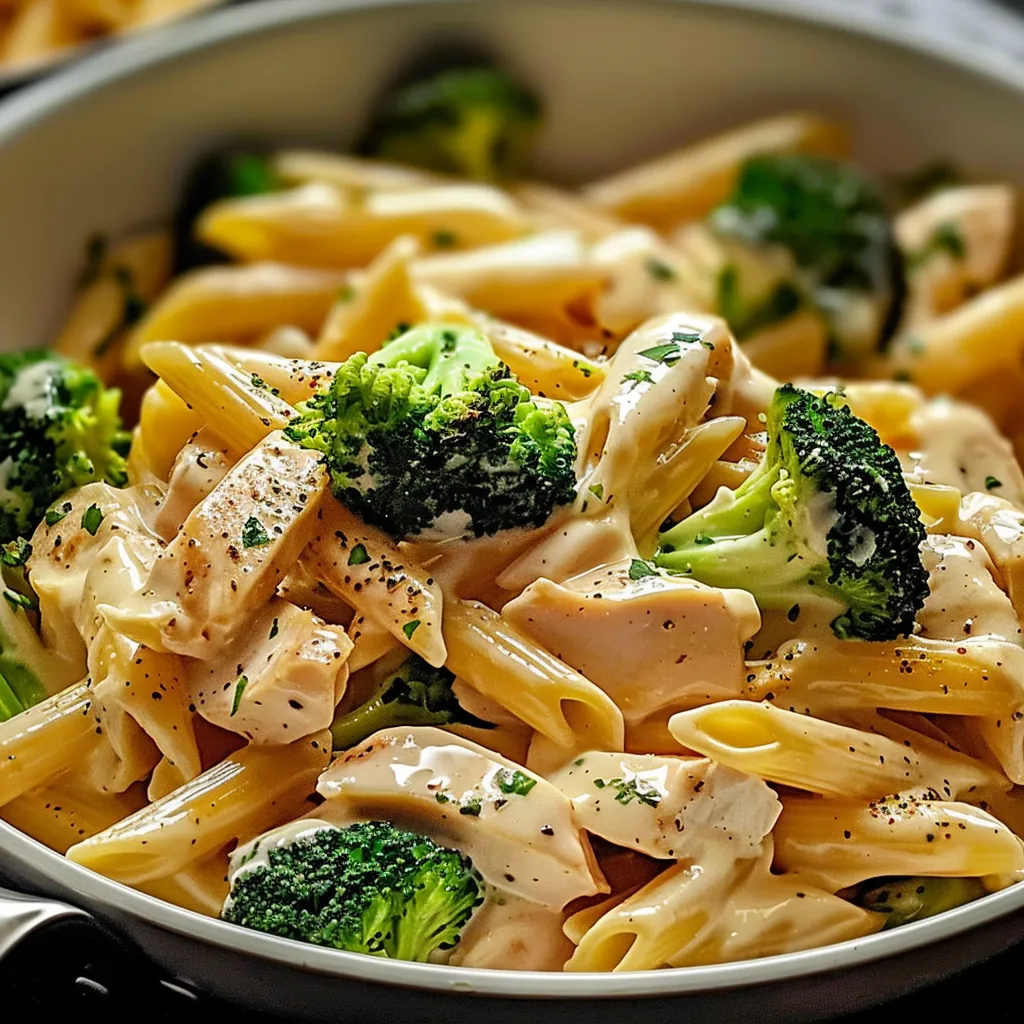 A bowl of pasta with broccoli and chicken.