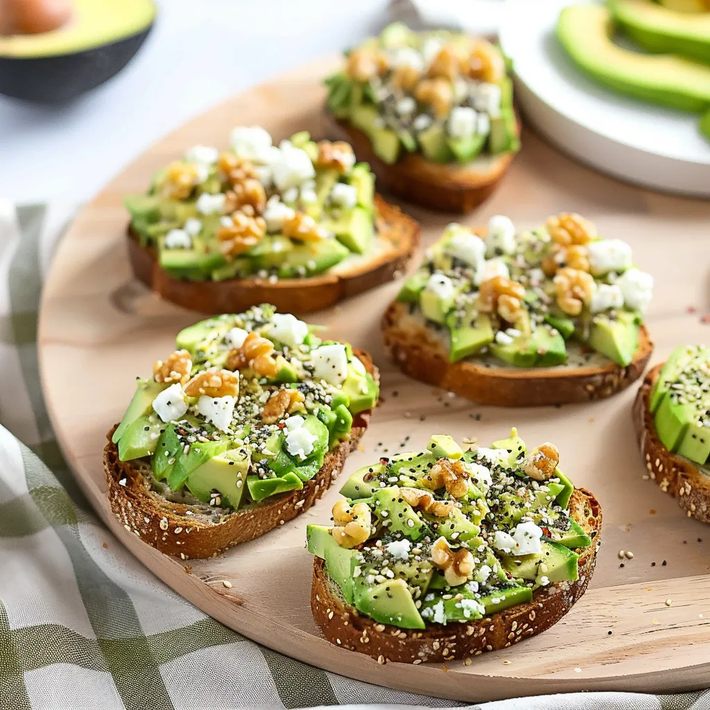 A plate of toast with avocado and sprinkles.