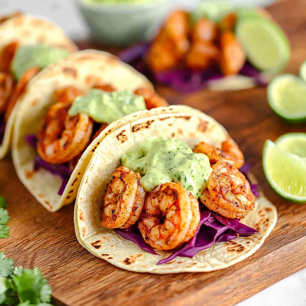 A plate of shrimp tacos with a side of guacamole.