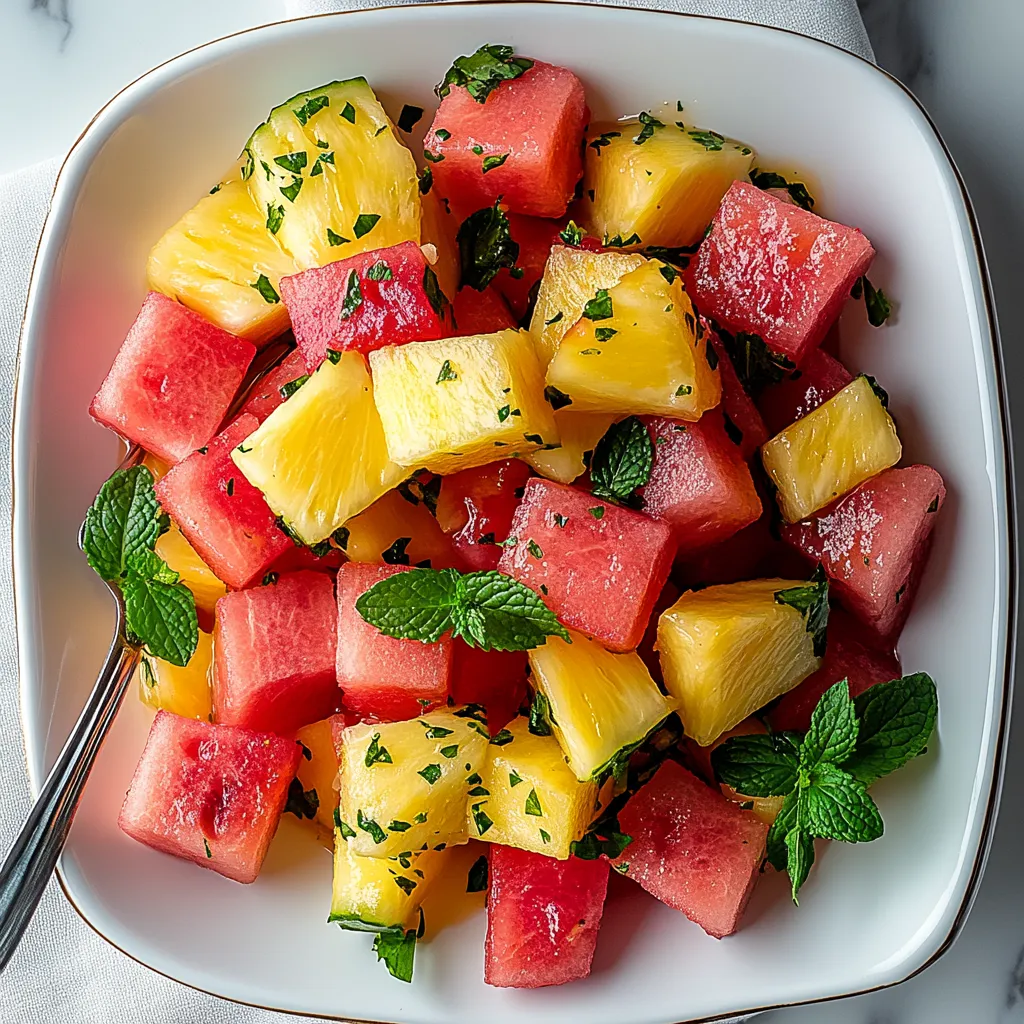A white plate with watermelon and pineapple slices.
