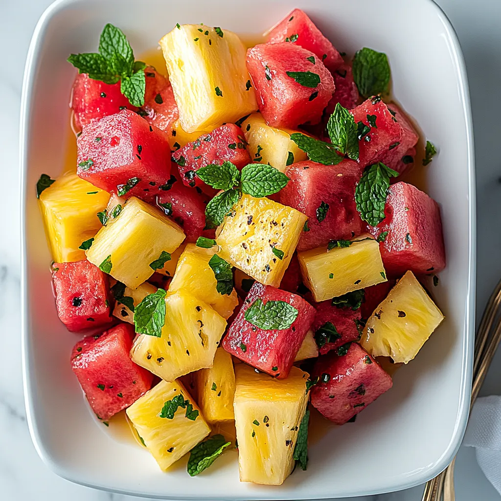 A white bowl filled with sliced watermelon and pineapple.