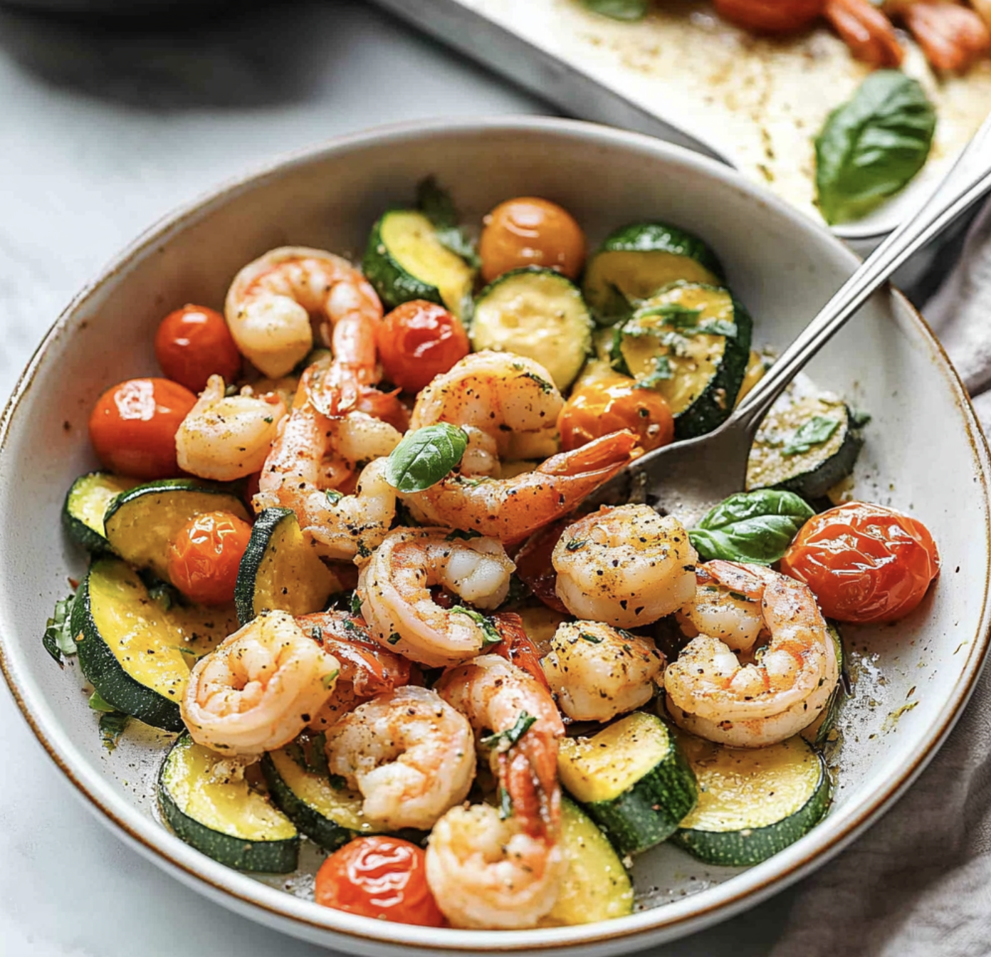 A bowl of shrimp and vegetables.