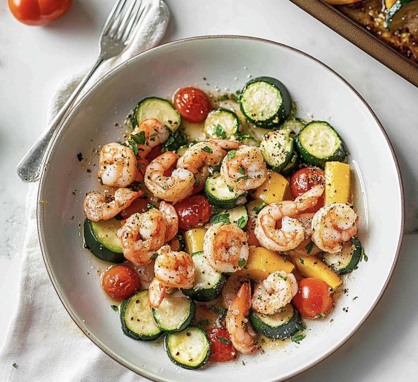 A bowl of shrimp and vegetables.