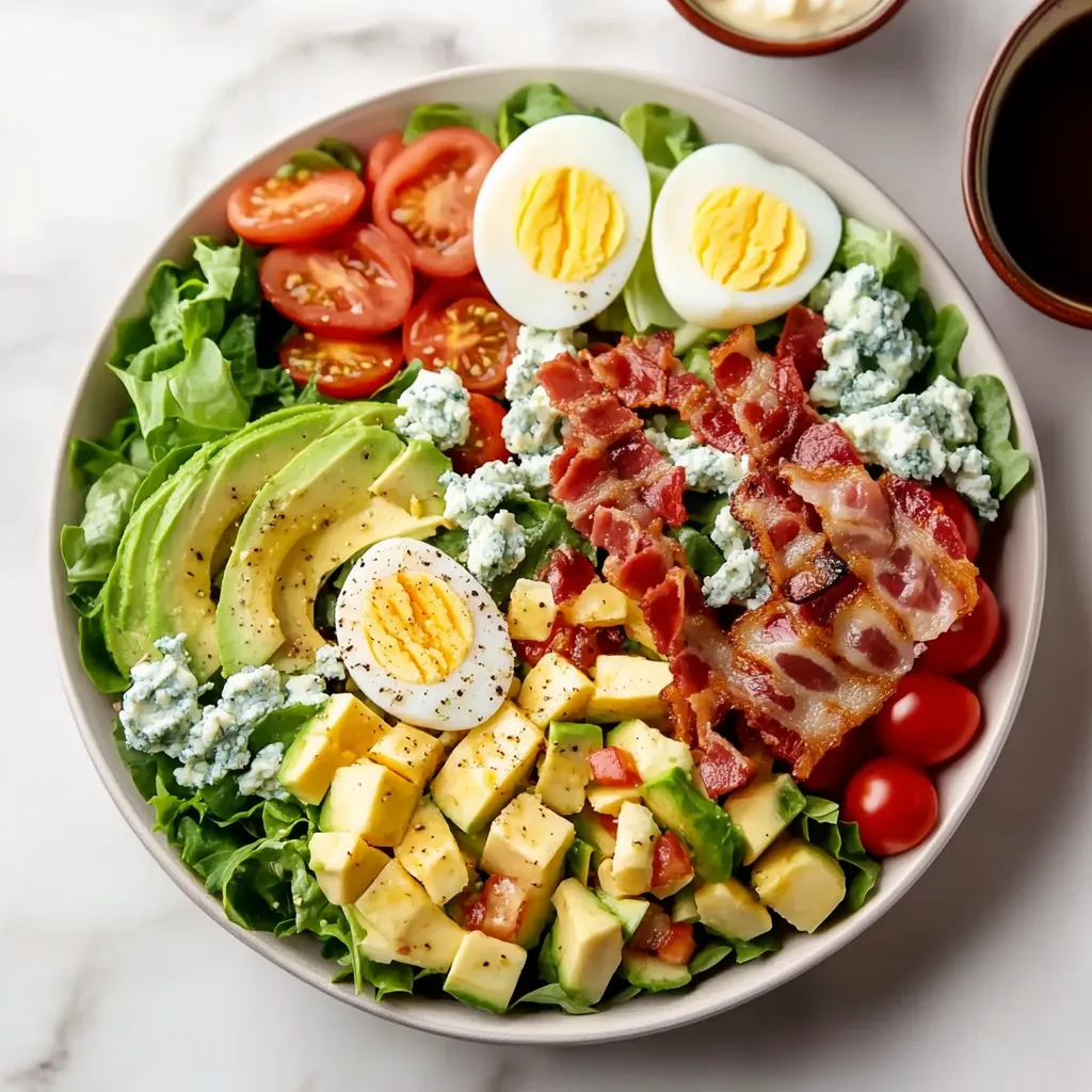 A salad with eggs, bacon, tomatoes, and avocado.