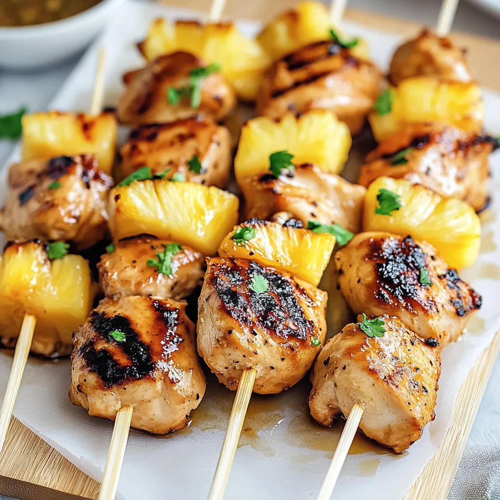 A plate of food with pineapple and meat on a stick.