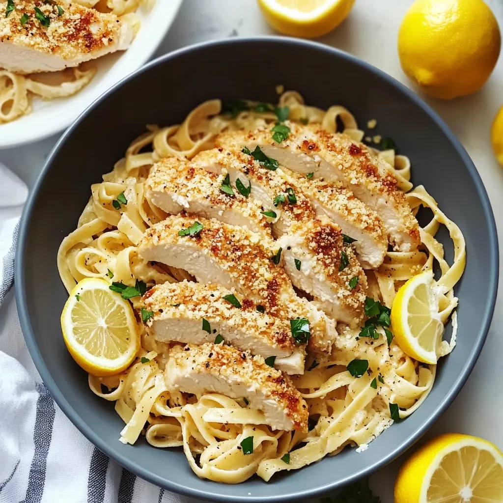 A bowl of pasta with chicken and lemon wedges.