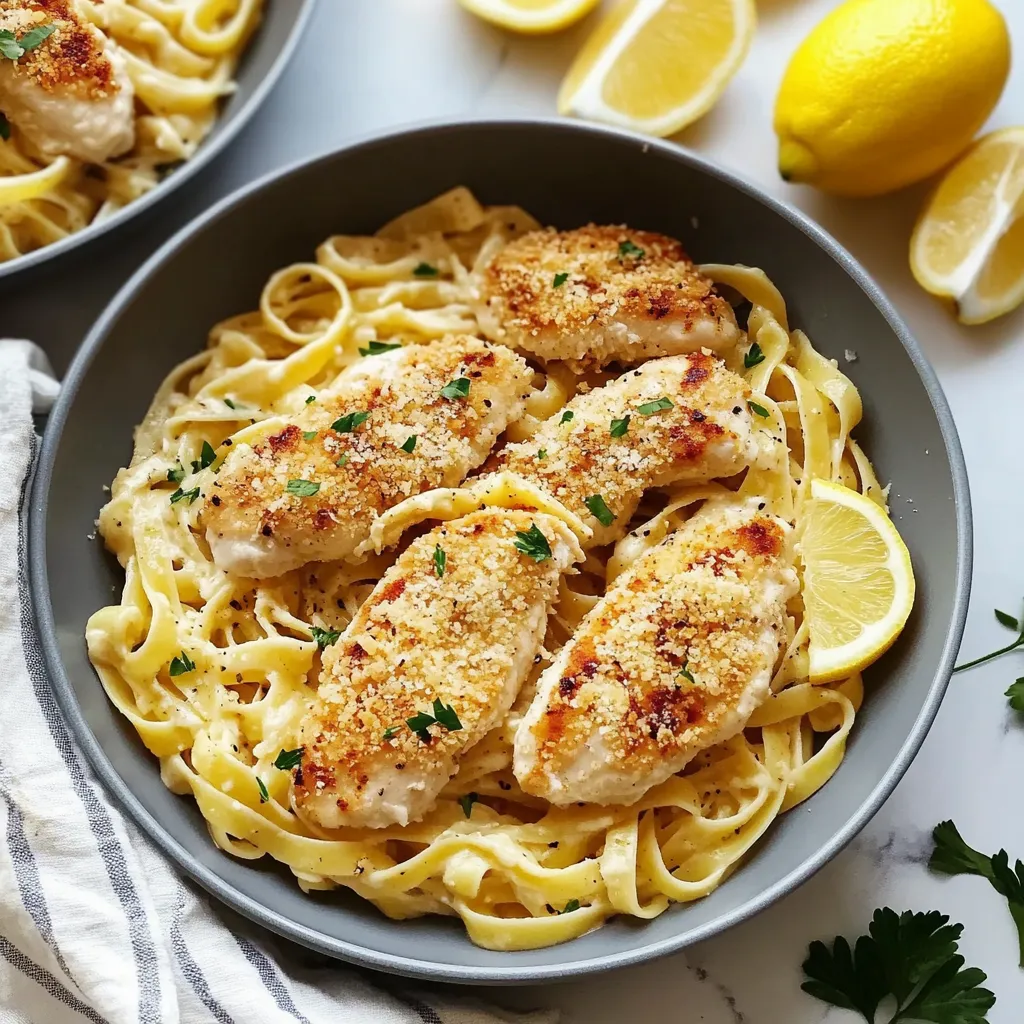 A bowl of pasta with chicken and lemon wedges.
