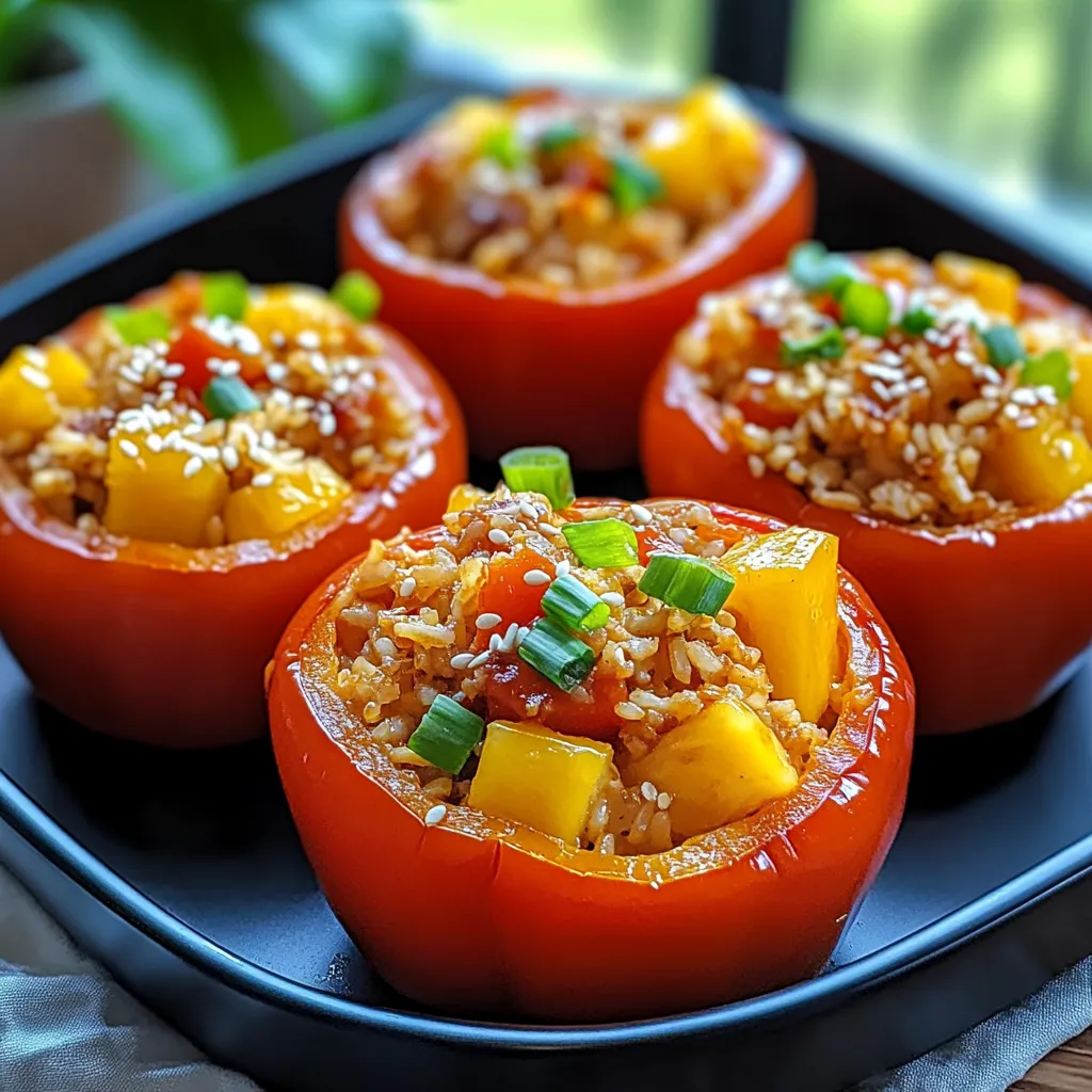 A plate of four peppers with rice.