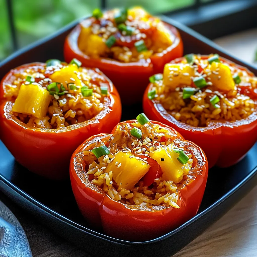 A plate of four peppers with rice.
