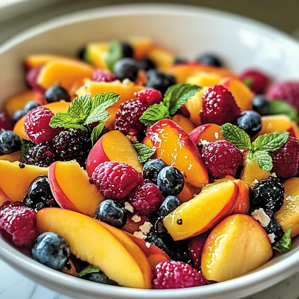 A bowl of fruit with blueberries, raspberries, peaches, and mint.