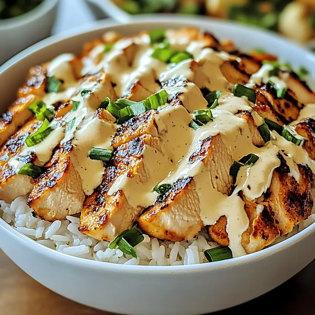 A bowl of rice with chicken and sauce.
