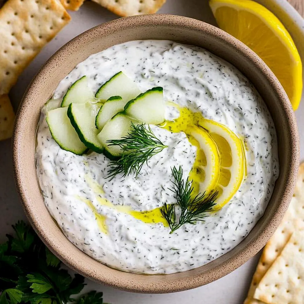 A bowl of dip with a lemon wedge and a cucumber stick in it.