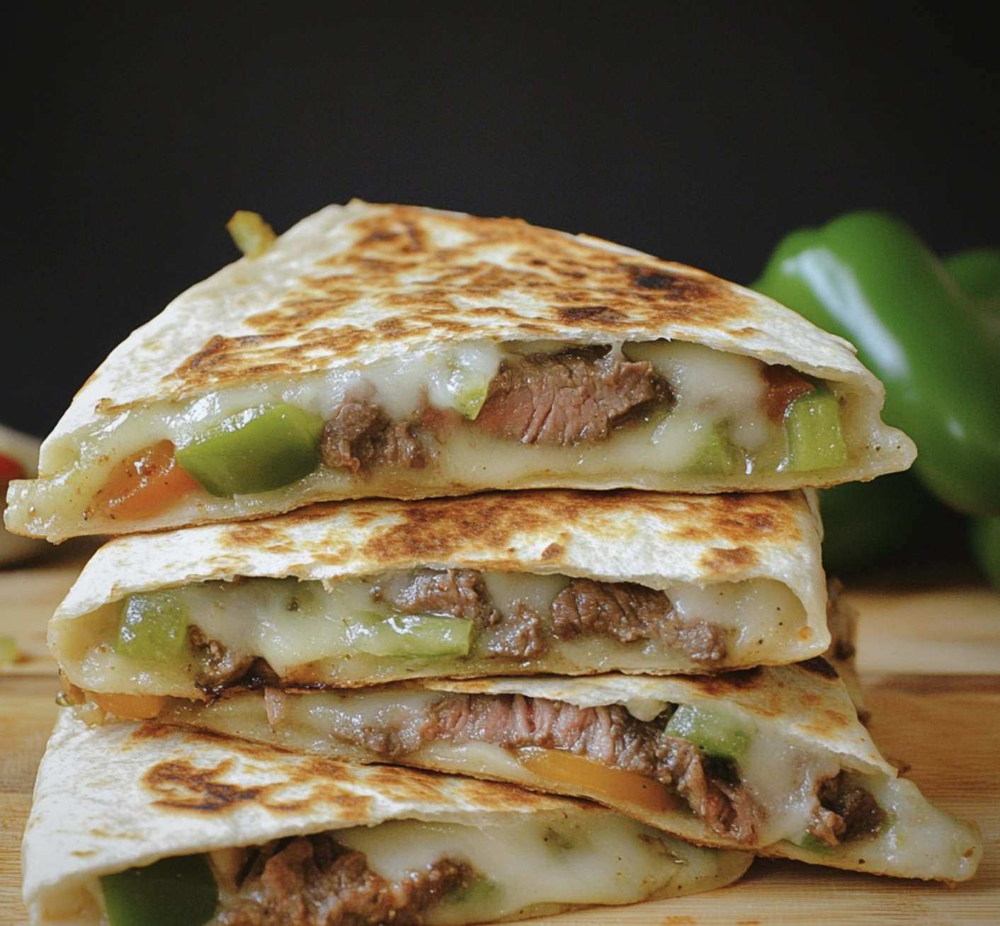 A stack of three quesadillas with meat and vegetables.