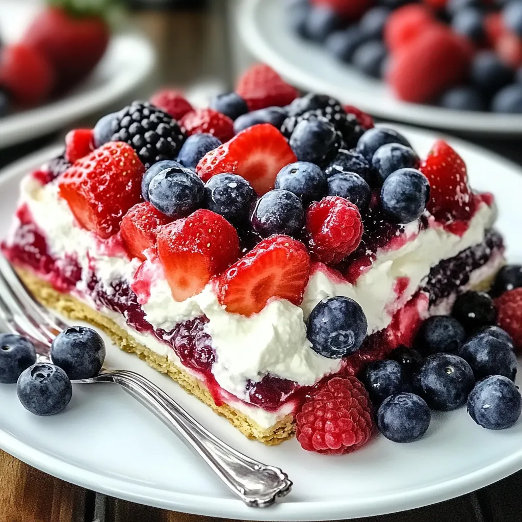 A slice of cake with strawberries and blueberries on top.