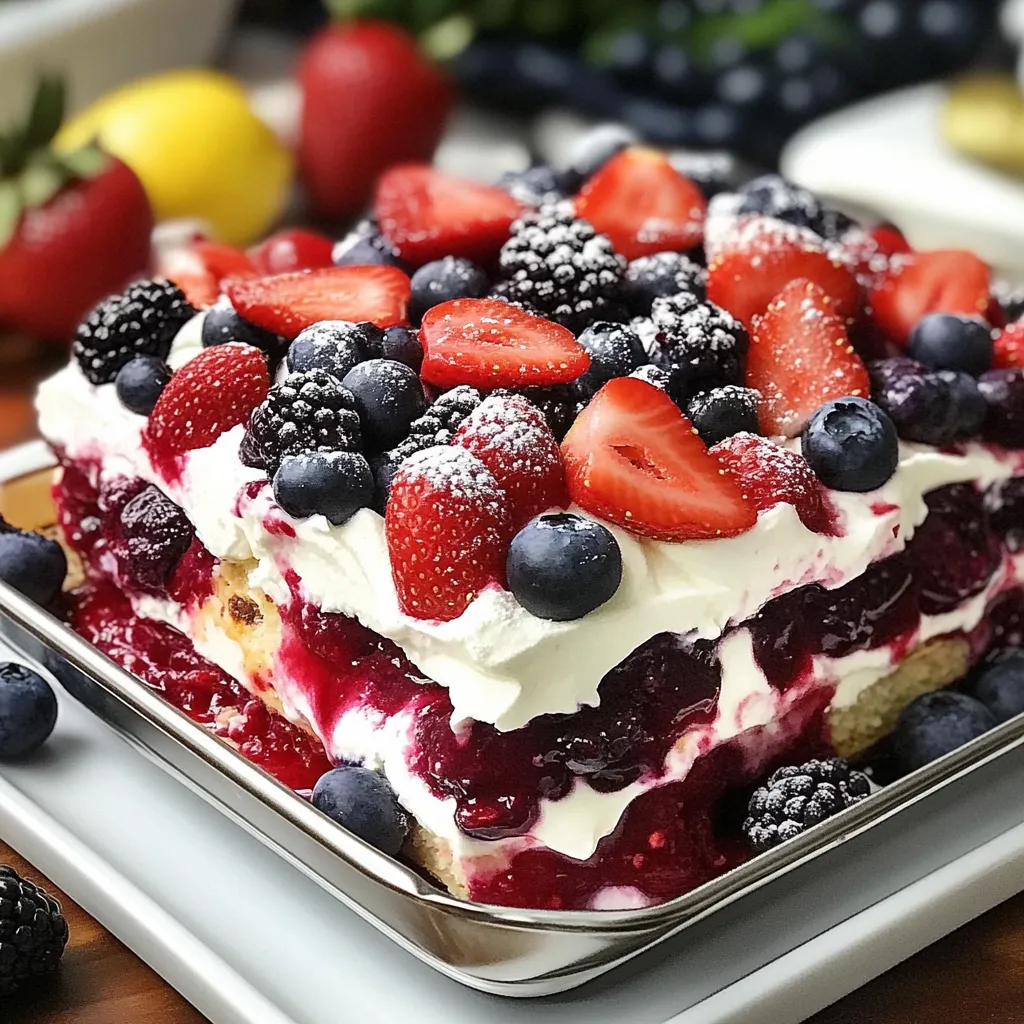 A cake with strawberries and blueberries on top.