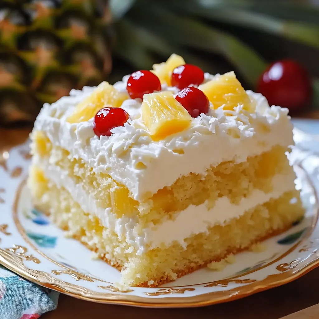 A slice of cake with pineapple and cherries on top.